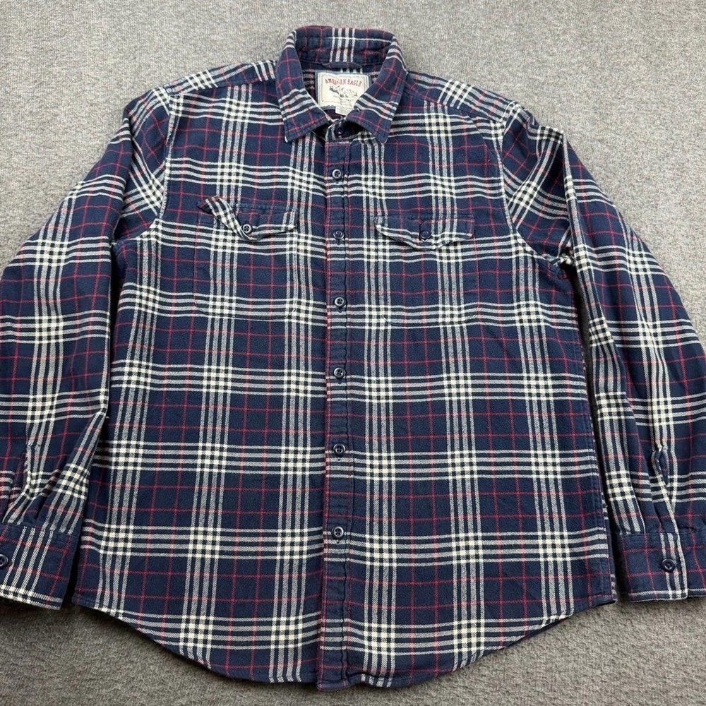 American Eagle Men's Medium Plaid Flannel Button Up Shirt Navy Blue Red White